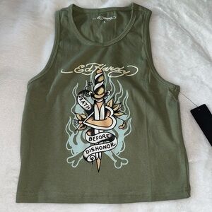 Ed Hardy Y2K Crop Women Tank Top Shirt Large Green Graphic Festival Biker Moto